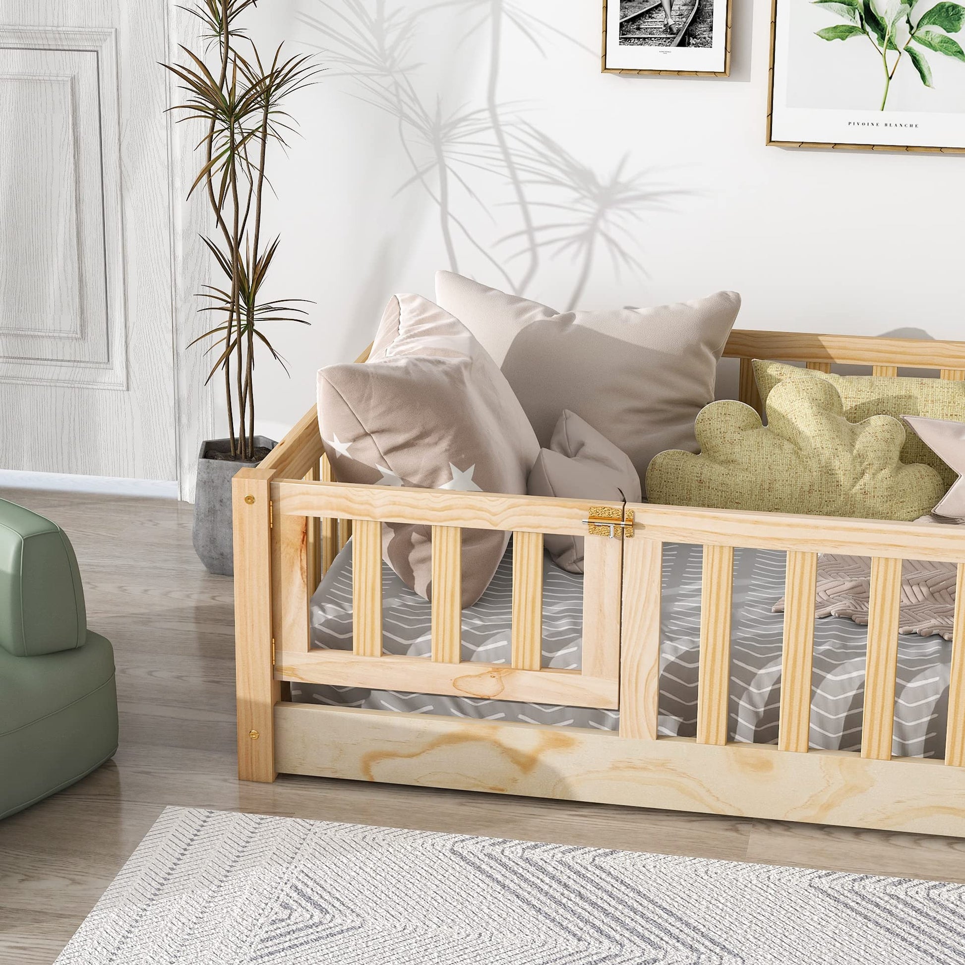 Brafab Montessori Twin Floor Bed with Safety Guardrails & Convertible Door - Natural Solid Pine Wood Frame - WoodArtSupply