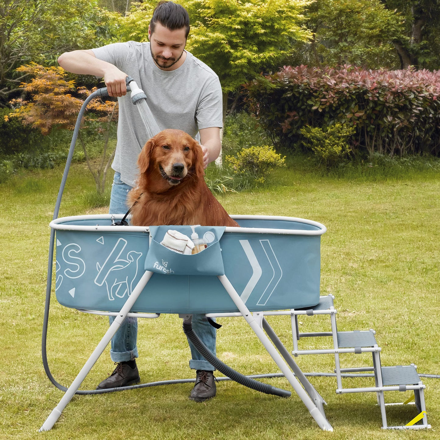 Furesh Big Dipper Dog Bath Tub with Stairs, Elevated Portable Foldable Wash Station with Steps for Bathing, Shower and Grooming, Indoor, Outdoor, for Medium to Large Size Dogs - WoodArtSupply