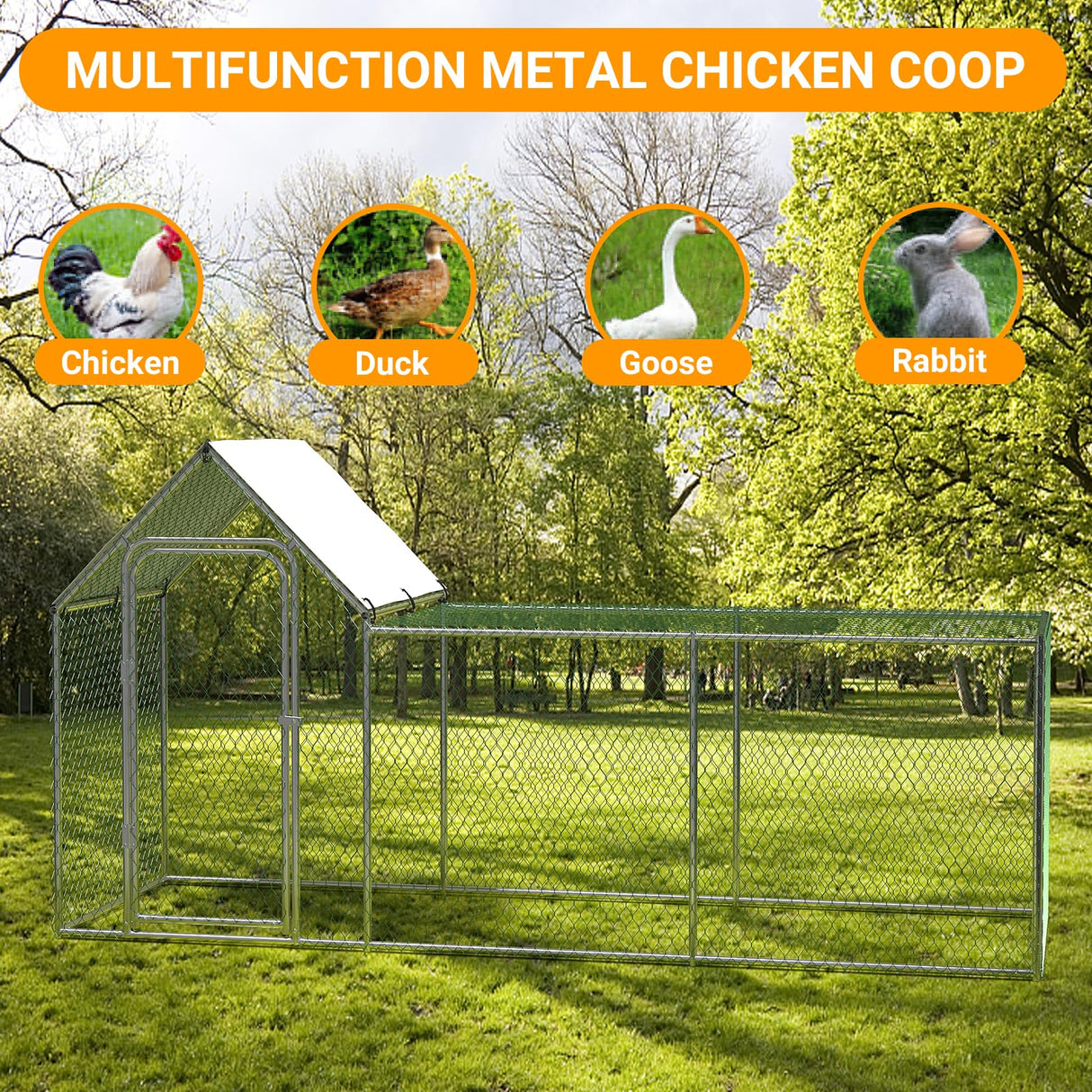 Large Metal Chicken Coop, Chicken Run with Cover, Walk-in Poultry Cage for Yard Outdoor Duck Rabbit Cage Hipicute