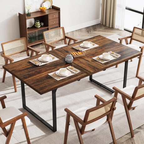 Tribesigns Extendable Dining Room Table for 6-8 People, 63-78.8 Wood Dinner Table with Metal Frame, Modern Expanding Table for Kitchen Living Room Dining Room, Rustic Brown and Black Tribesigns