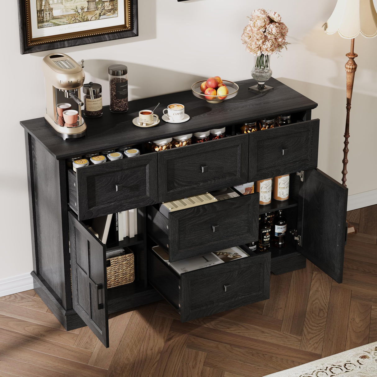 HDDDZSW Farmhouse Sideboard Buffet Cabinet with Storage, 47.3" Large Sideboard Cabinet with 5 Drawers & 2 Doors, Wood Coffee Bar Table for Kitchen, Living Room (Black) HDDDZSW