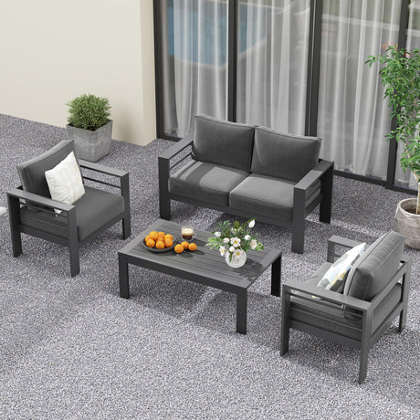 Solaste Outdoor Aluminum Furniture Set,4 Pieces Patio Sectional Chat Sofa Outdoor Conversation Set with Table,Dark Grey Solaste