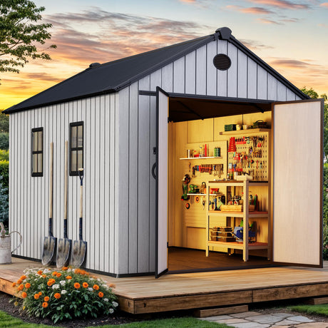 YITAHOME 8x10 FT Outdoor Storage Shed with Floor, Plastic Garden Shed for Bikes, Tools, Supplies, Waterproof Resin Shed with Lockable Doors, 2 Windows & 2 Vents for Patio, Backyard, 556 cu. Ft., Gray YITAHOME