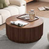 31.5" Round Coffee Table with Storage, Mid Century Modern Coffee Tables with Fluted Base, Wooden Circle Accent Center Table for Living Room Small Space Apartment Office (Walnut) LEVNARY