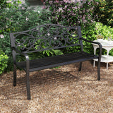 Tangkula 50 Inches Outdoor Garden Park Bench, Cast Iron Metal Patio Bench with Floral Design Backrest, Armrests and Slatted Seat, Outdoor Loveseat Chair for Porch, Lawn and Yard, Black Tangkula