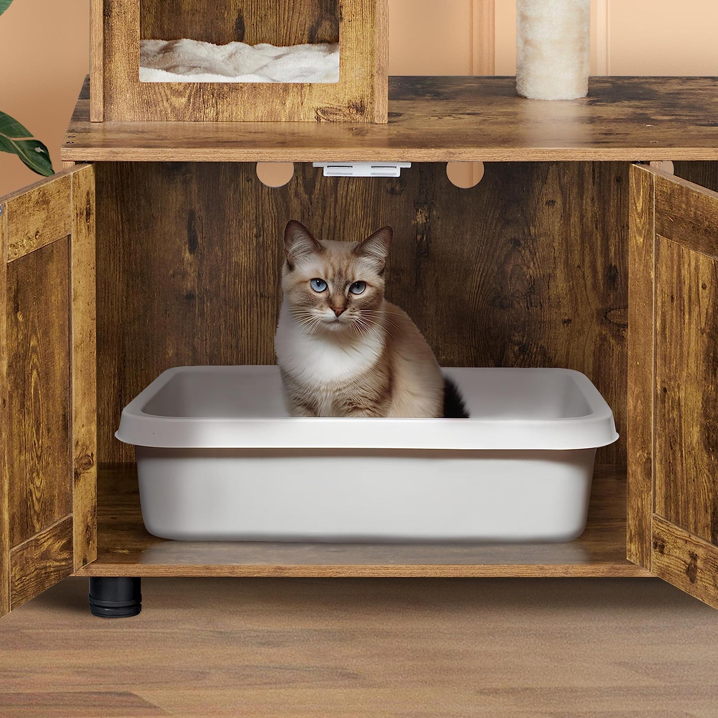 Yaheetech Litter Box Enclosure with Cat Tree, All-in-one Indoor Cat House w/Scratching Posts, Wooden Cat Litter Box Furniture w/Cat Condo, Platform, Rustic Brown/Beige
