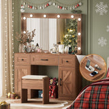 SPERTIKC Vanity Desk with Lights 3 Models Settings, Brown Vanity with Chair, Make up Vanity Desk with Mirror and Lights,Vanity with 5 Drawers for Bedroom, Dressing Room SPERTIKC