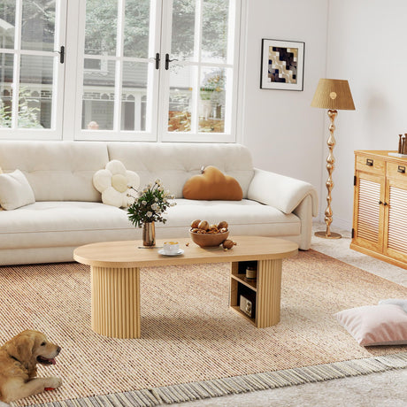 Oval Fluted Coffee Table, 47" Farmhouse Wood Coffee Table Mid Century Modern Center Table Boho Living Room Tables for Living Room Office,Natural RUSTYER