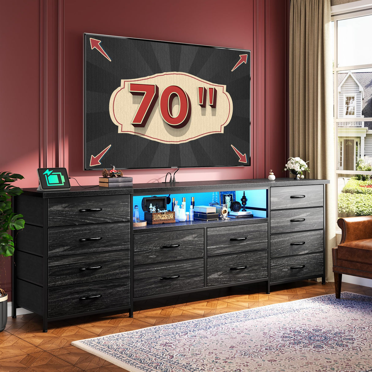 63" Long Dresser for Bedroom with 12 Fabric Drawers Entertainment Center with LED Lights & Power Outlets TV Stand for 70 Inch TV, Organizer for Bedroom, Black Romorgniz