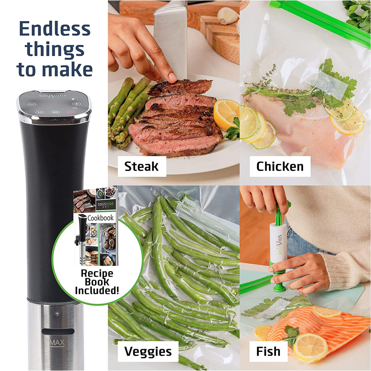 SOUSVIDE ART Sous Vide Immersion Cooker Kit - Machine with Digital Timer, Temp Control, 30 Bags, Vacuum Pump, Suvee Cooker Gift for Chefs SOUSVIDE ART