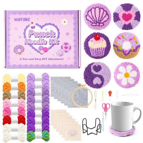 WATINC Punch Needle Coaster Kits - 23Pcs Easy Art Work Decor Craft Supply for Beginners, DIY Set of 6 Unique Pattern Tufted Pads with Adhesive Felt Yarns Tools Instruction Customized Boxes (Purple) WATINC