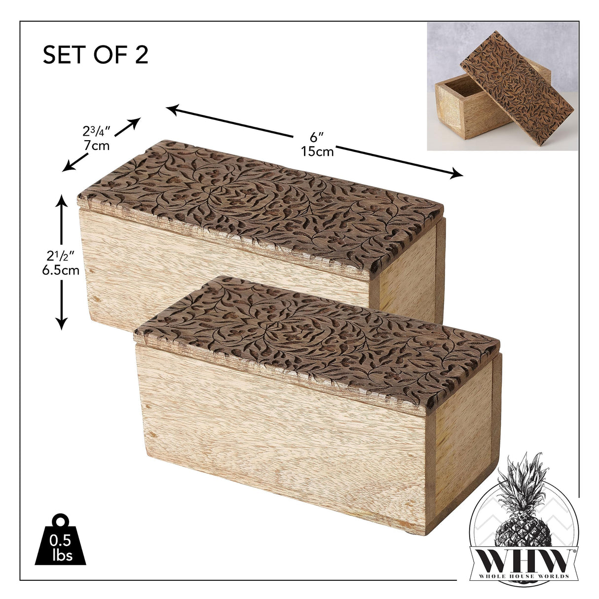 WHW Whole House Worlds Decorative Wood Boxes, Set of 2, CarvedLeaf and Vine Details, Removable Lids, Durable Brown Mango, 6 Inches WHW Whole House Worlds