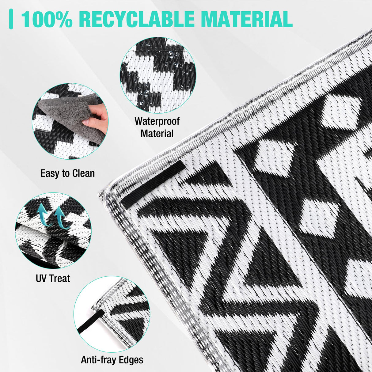 HAUSHOF 5'X8' Outdoor Rug Waterproof with LED Strip Light, Reversible Outdoor Plastic Straw Rug, Patio Rug with 4 Rug Stakes, Outdoor Carpet Mat for RV, Camping, Beach, Porch, Balcony, Black&White HAUSHOF