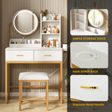 Makeup Vanity Desk with Round Mirror and Lights, White Vanity Makeup Table, Small Vanity Table for Bedroom with Lots Storage, 3 Lighting Modes, Vabches
