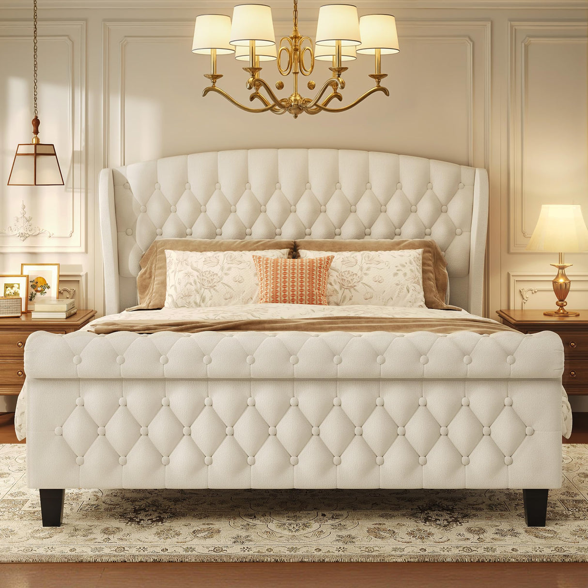 HISOFT Queen Bed Frame, 39" Tall Velvet Upholstered Sleigh Bed with Wingback Headboard & Scroll Footboard, No Box Spring Needed, Sturdy Support, Easy Assembly, Noise Free, Button Tufted, White HISOFT