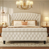 HISOFT Queen Bed Frame, 39" Tall Velvet Upholstered Sleigh Bed with Wingback Headboard & Scroll Footboard, No Box Spring Needed, Sturdy Support, Easy Assembly, Noise Free, Button Tufted, White HISOFT