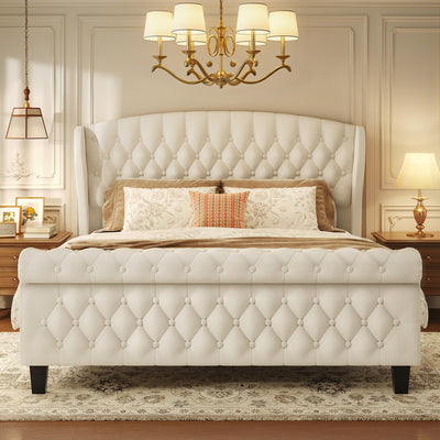 HISOFT Queen Bed Frame, 39" Tall Velvet Upholstered Sleigh Bed with Wingback Headboard & Scroll Footboard, No Box Spring Needed, Sturdy Support, Easy Assembly, Noise Free, Button Tufted, White