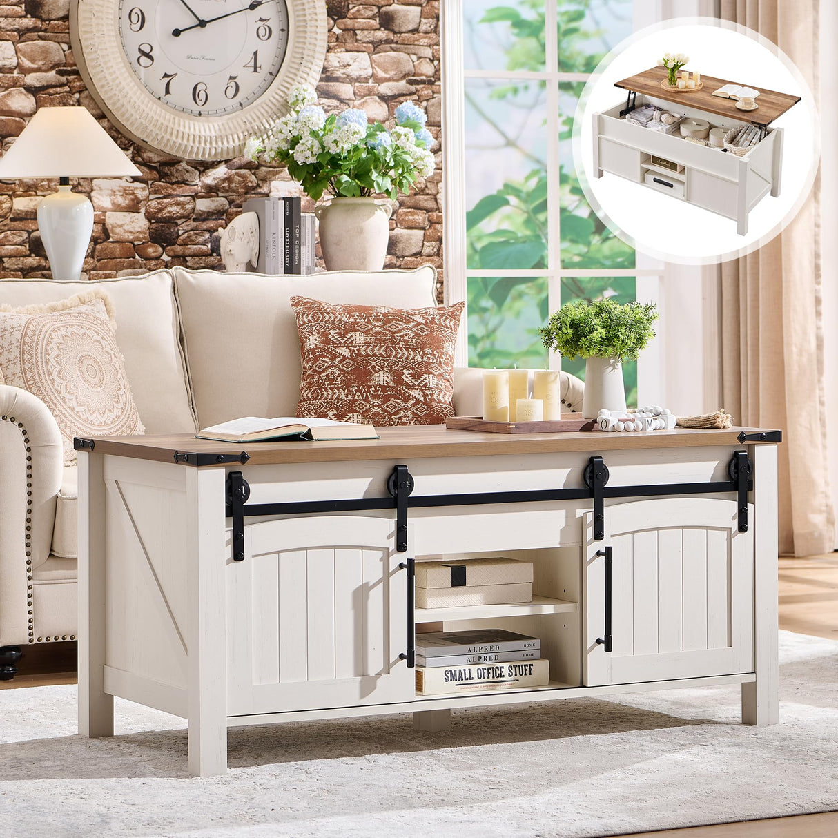 OKD Farmhouse Lift Top Coffee Table with Sliding Door, 48" Large Rustic Center Table with Hidden Storage Compartment, Lifting Tabletop, Adjustable Shelf for Living Room, Office,Antique White OKD