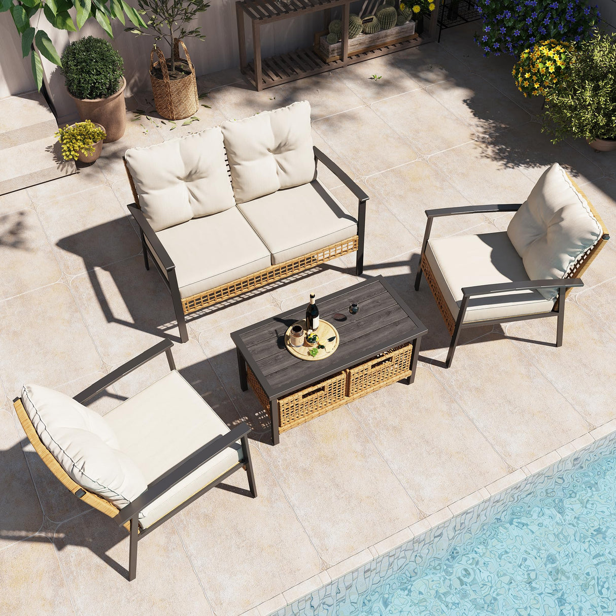 LAUSAINT HOME 6-Piece Patio Conversation Set, Luxury Oversize Patio Furniture Set with Soft Cushions and Storage Metal Coffee Table, Outdoor Furniture Sets for Backyard, Porch (with 2 Wicker Baskets) LAUSAINT HOME