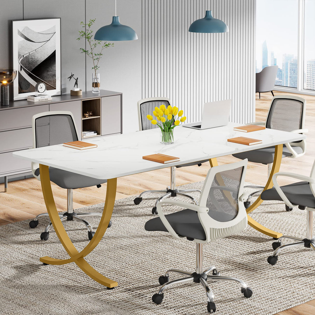 Tribesigns Executive Desk, 63” W x 31.5” D Large Office Desk, Modern Computer Desk Conference Table Meeting Room Table, Business Furniture for Home Office, White and Gold Tribesigns