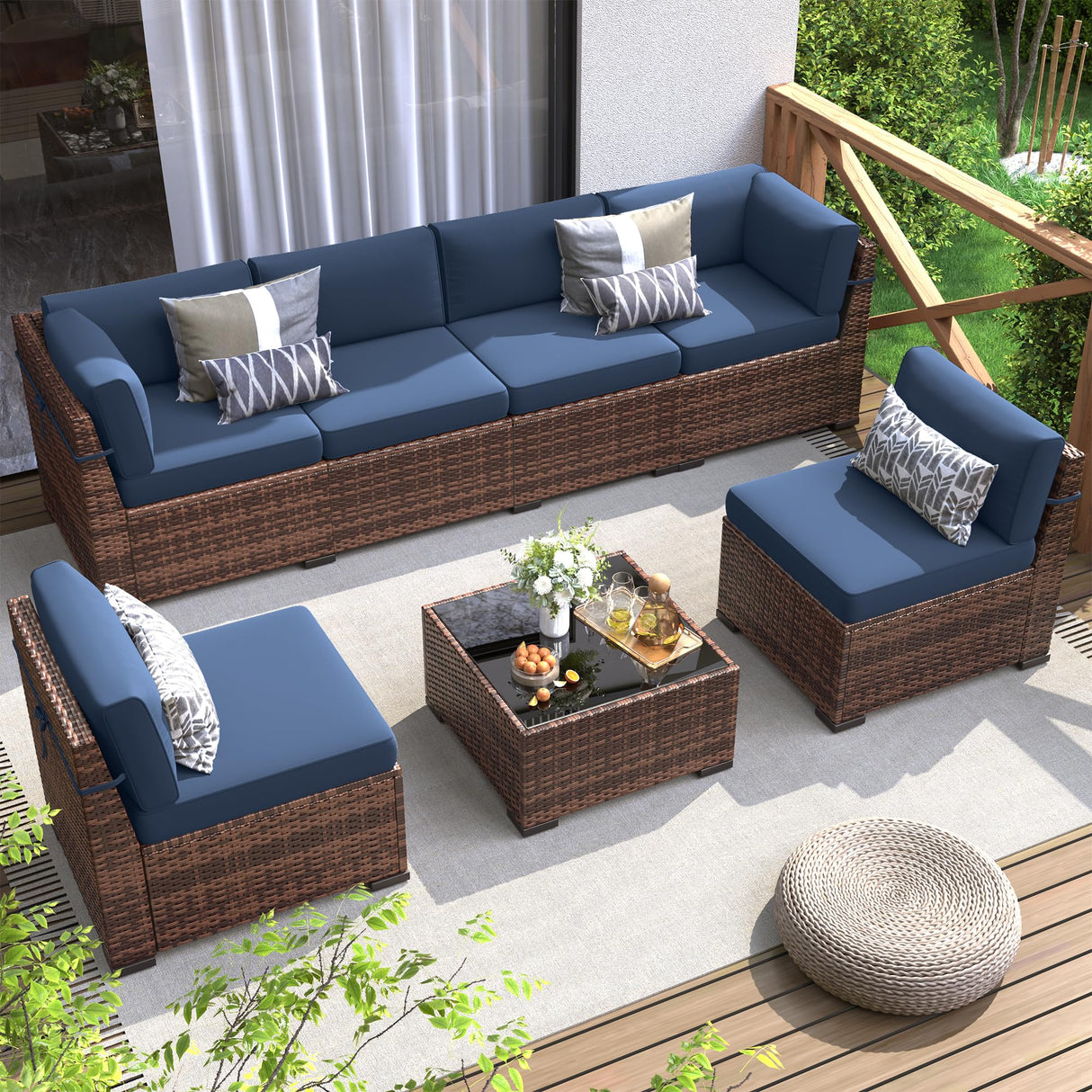 Poteban Patio Furniture Set, 7 Pieces Outdoor Modular Conversation Set Wicker Sectional Sofa for All Weather Rattan Patio Couch for Porch Garden Backyard Balcony Poolside (Blue) Poteban