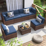 Poteban Patio Furniture Set, 7 Pieces Outdoor Modular Conversation Set Wicker Sectional Sofa for All Weather Rattan Patio Couch for Porch Garden Backyard Balcony Poolside (Blue) Poteban