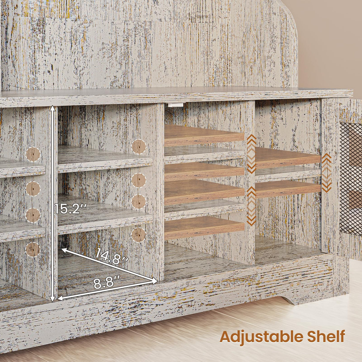 Itaar Hall Tree with Bench and Shoe Storage, 5-in-1 Entryway Bench with Coat Rack, 16 Shoe Cubbies & 12 Coat Hooks, Barn Door & Adjustable Shelf (Vintage White) Itaar