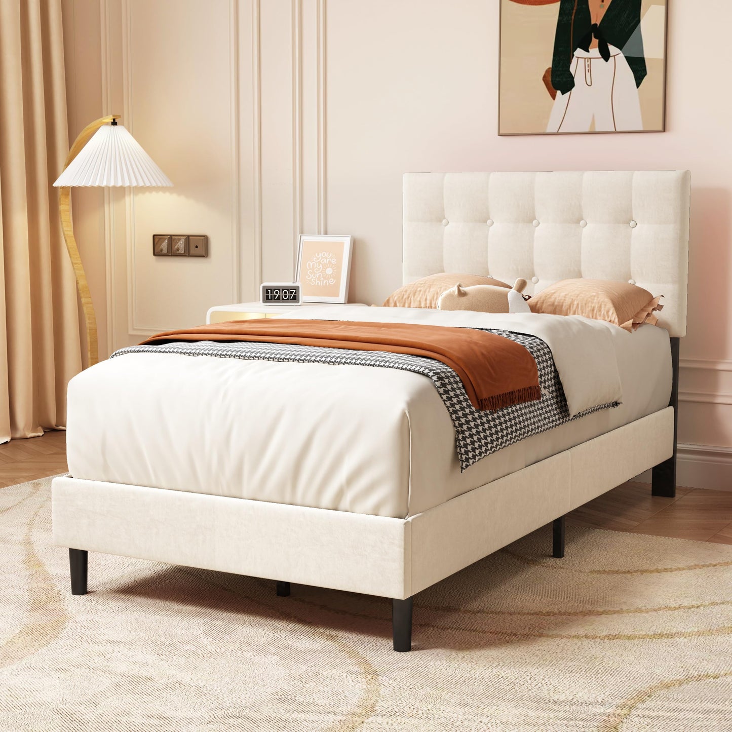 alazyhome Twin Size Upholstered Platform Bed Frame with Button Tufted Velvet Headboard Wood Slat Support Easy Assembly No Box Spring Needed Beige