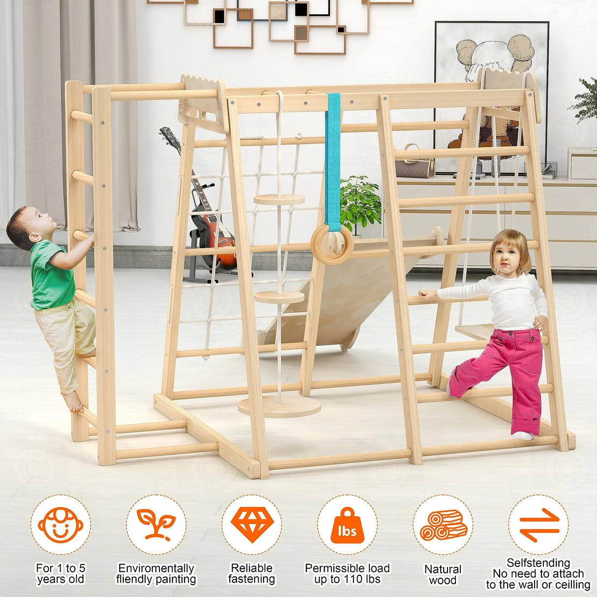 Jungle Gym, Toddler Climbing Toys, Indoor Playground Climbing Toys for Toddlers, Montessori Style Playground Sets for Backyards with Slide, Climbing Wall, Rope Wall Climber, Monkey Bars, Swing Wofafa