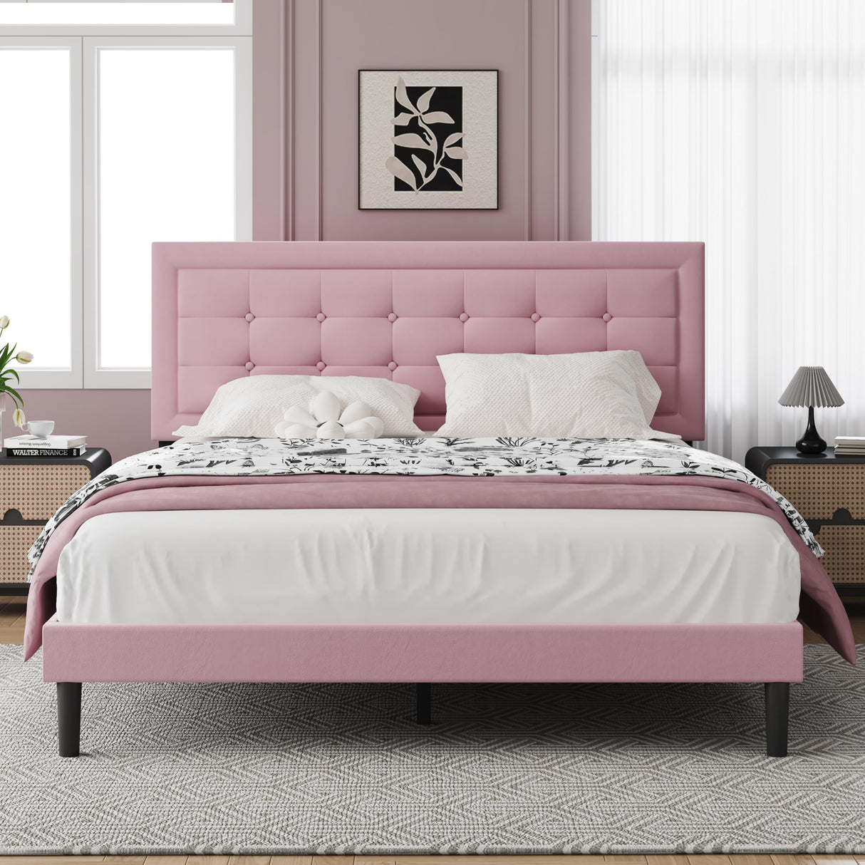 IOILORI Queen Size Upholstered Platform Bed, Queen Size Bed Frame with Tufted Button Headboard, Sturdy Frame Wooden Slats, No Spring Mattress Required, Noiseless, Easy to Assemble, Pink IOILORI