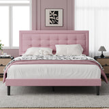 IOILORI Queen Size Upholstered Platform Bed, Queen Size Bed Frame with Tufted Button Headboard, Sturdy Frame Wooden Slats, No Spring Mattress Required, Noiseless, Easy to Assemble, Pink IOILORI