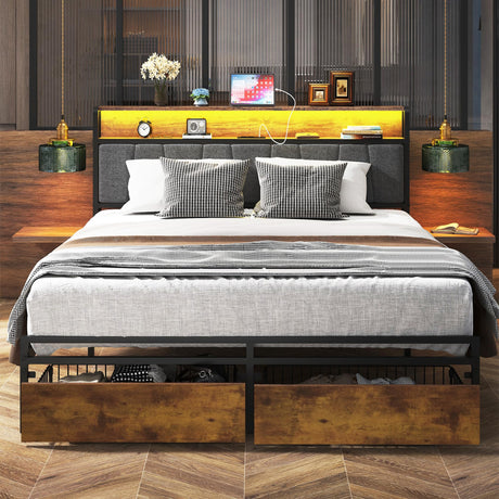 SogesSleep Queen Bed Frame with Headboard, Upholstered Bed Frame Queen Size with Storage and Charging Station & LED Lights, No Box Spring Needed Bed Frame, Noise Free & Easy Assembly SogesSleep