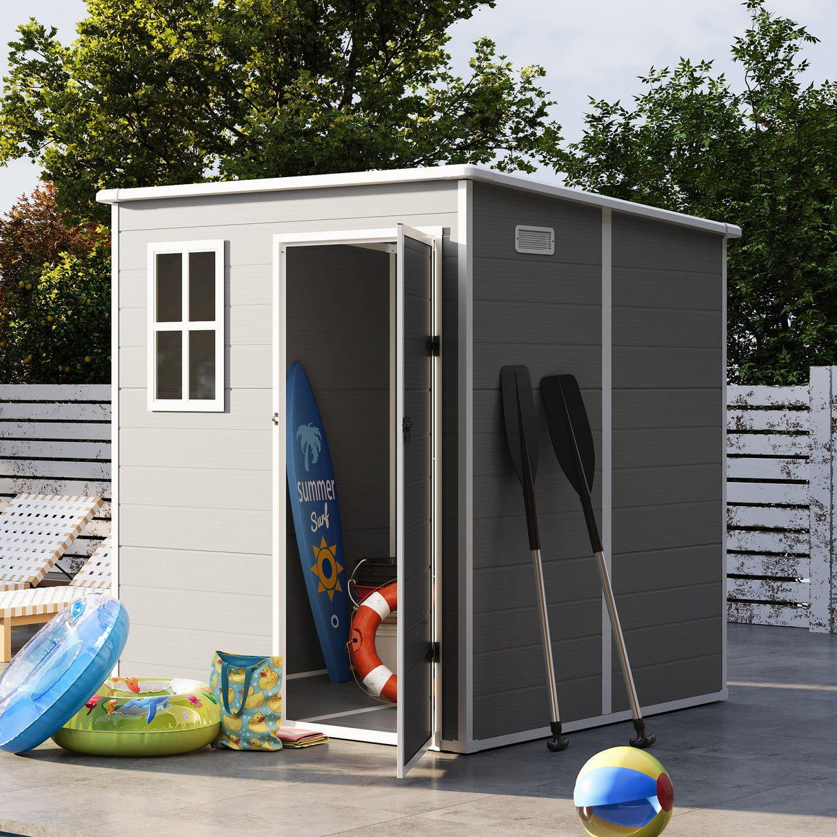 UDPATIO Outdoor Storage Shed 6 x 6 FT, Resin Garden Sheds Plastic Patio Outdoor Storage with Lockable Door for Tool, Bike, Garbage Can Gray White UDPATIO