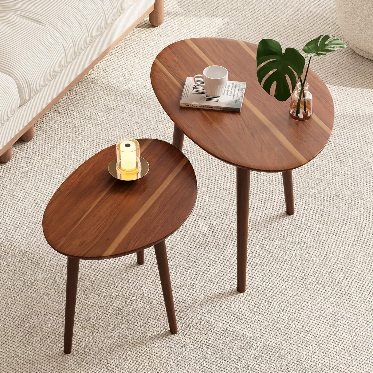 Semjar Small Oval Coffee Tables Set,Acacia Wood Tabletop Nesting Tables（25.6"x17.7"+17.7"x13.4" for Living Room Small Spaces Office,Easy Assembly Minimalist Walnut Mid Century Modern Coffee Table Semjar