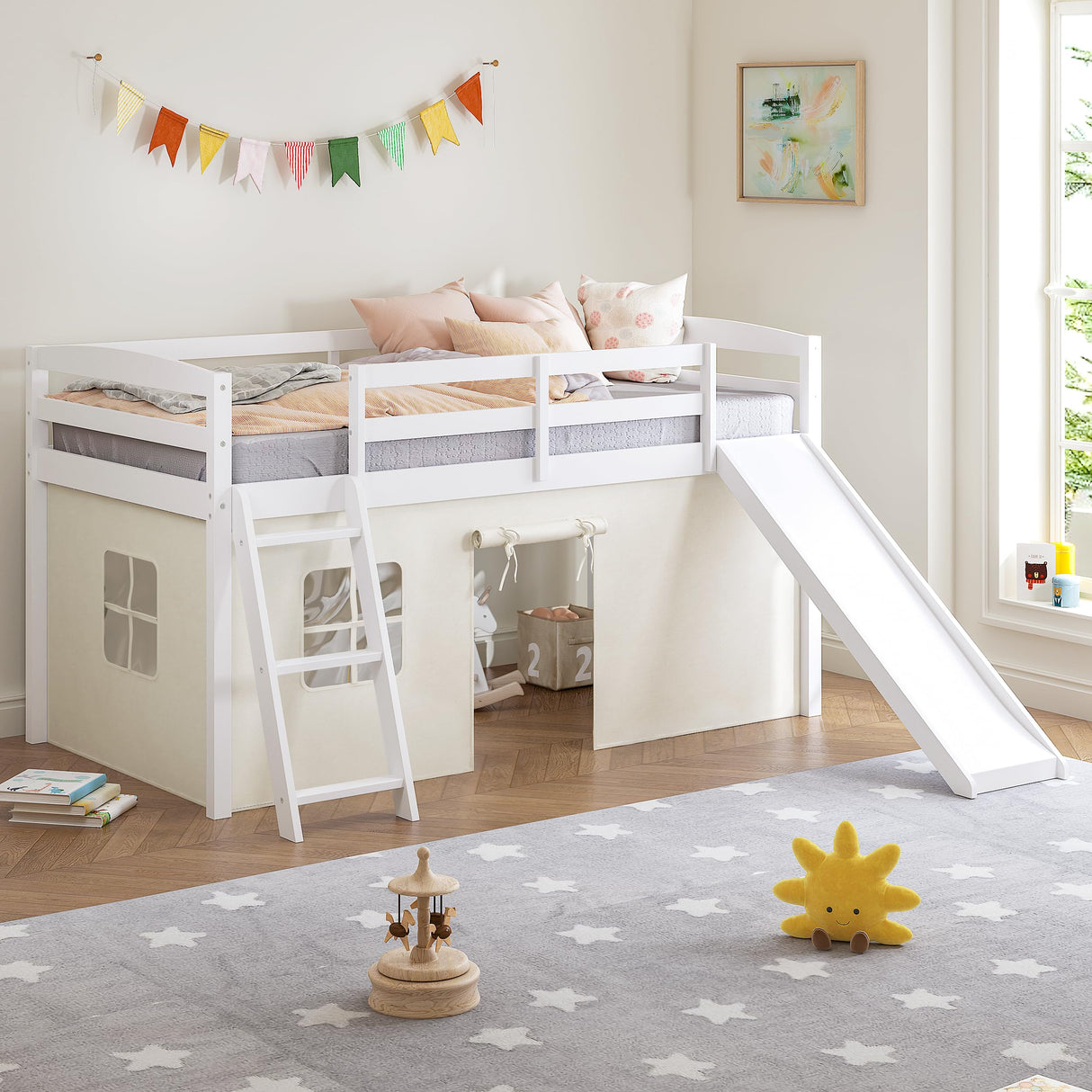 Spirich Kids Loft Bed with Slide and Ladder, Solid Wood Twin Loft Bed Frames with Bed Tent, Low Loft Bed with Guardrails, No Box Spring Needed, White Spirich