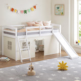 Spirich Kids Loft Bed with Slide and Ladder, Solid Wood Twin Loft Bed Frames with Bed Tent, Low Loft Bed with Guardrails, No Box Spring Needed, White Spirich
