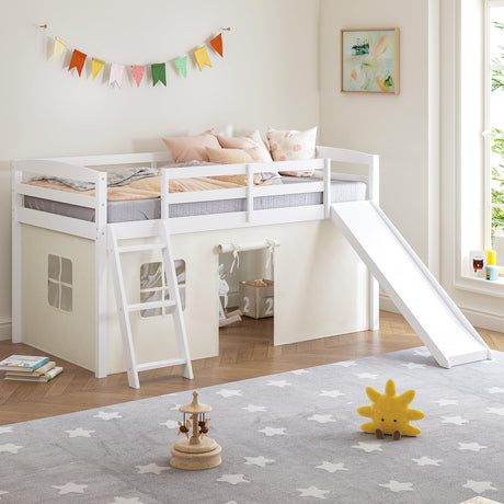 Spirich Kids Loft Bed with Slide and Ladder, Solid Wood Twin Loft Bed Frames with Bed Tent, Low Loft Bed with Guardrails, No Box Spring Needed, White Spirich