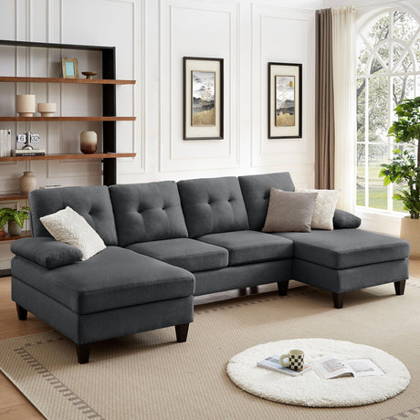 Chireca 111" Sectional Couch for Living Room, Modern Polyester Fibre U Shaped Sofa Couches with Double Chaise, Upholstered 4 Seater Sofa for Living Room, Apartment, Office, Dark Grey Chireca