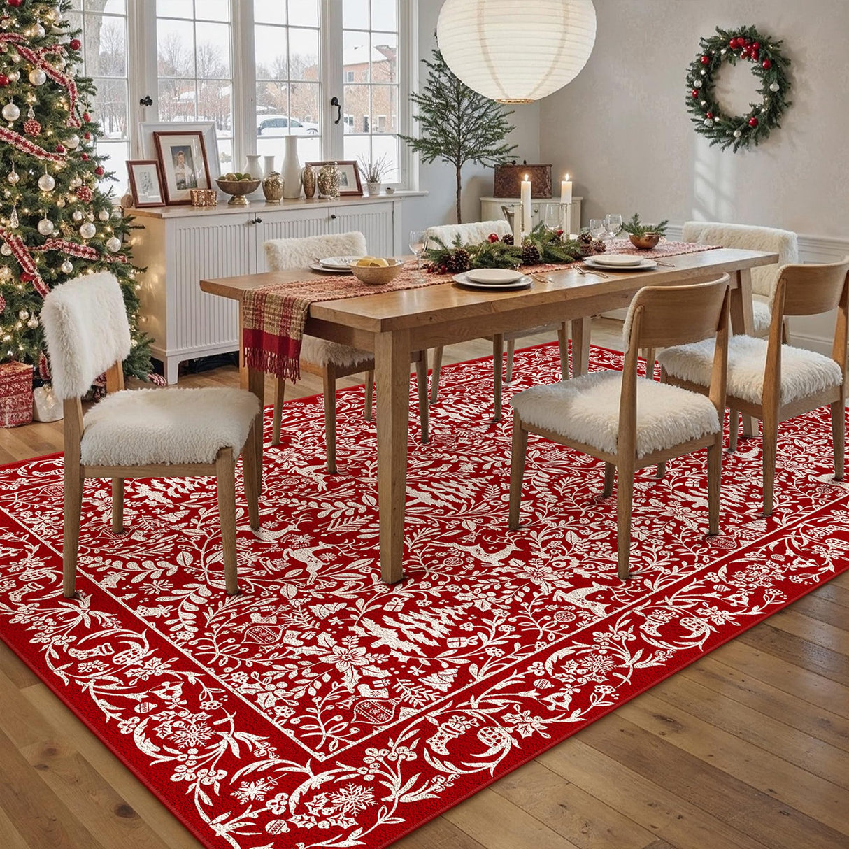 WondRg Christmas Area Rug 5x7 Red Washable Non-Slip Holiday Area Rug Reindeer Christmas Tree Carpet for Living Room Bedroom Dining Room Playroom Office WondRg