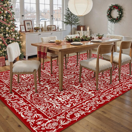 WondRg Christmas Area Rug 5x7 Red Washable Non-Slip Holiday Area Rug Reindeer Christmas Tree Carpet for Living Room Bedroom Dining Room Playroom Office WondRg