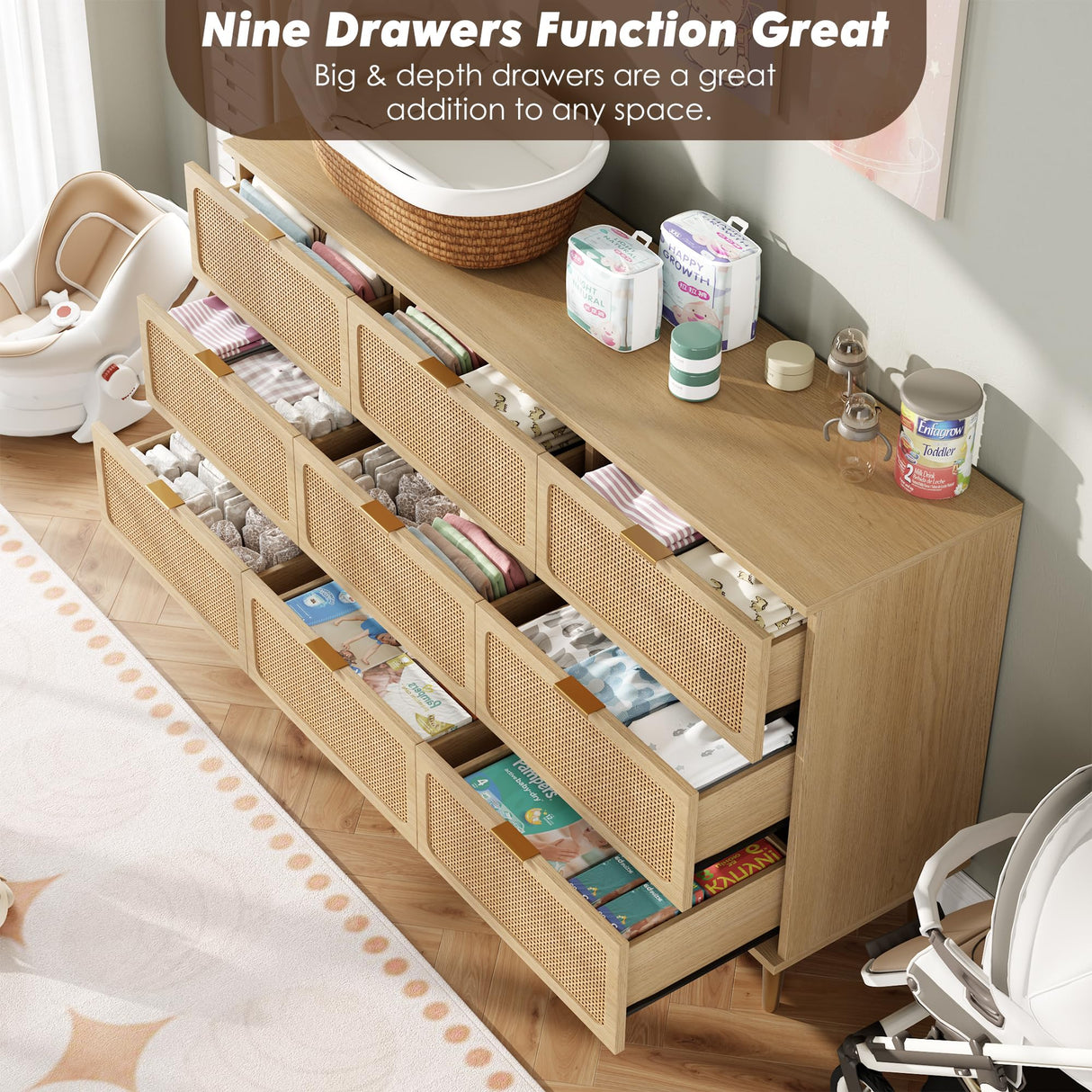 GarveeHome Rattan 9 Drawer Dressers for Bedroom, Tall Dresser with Deep Drawers, Large Chest of Drawers for Closet with Wide Top, Long Wooden Dresser for Living Room, Hallway, Kids Room, Natural GarveeHome
