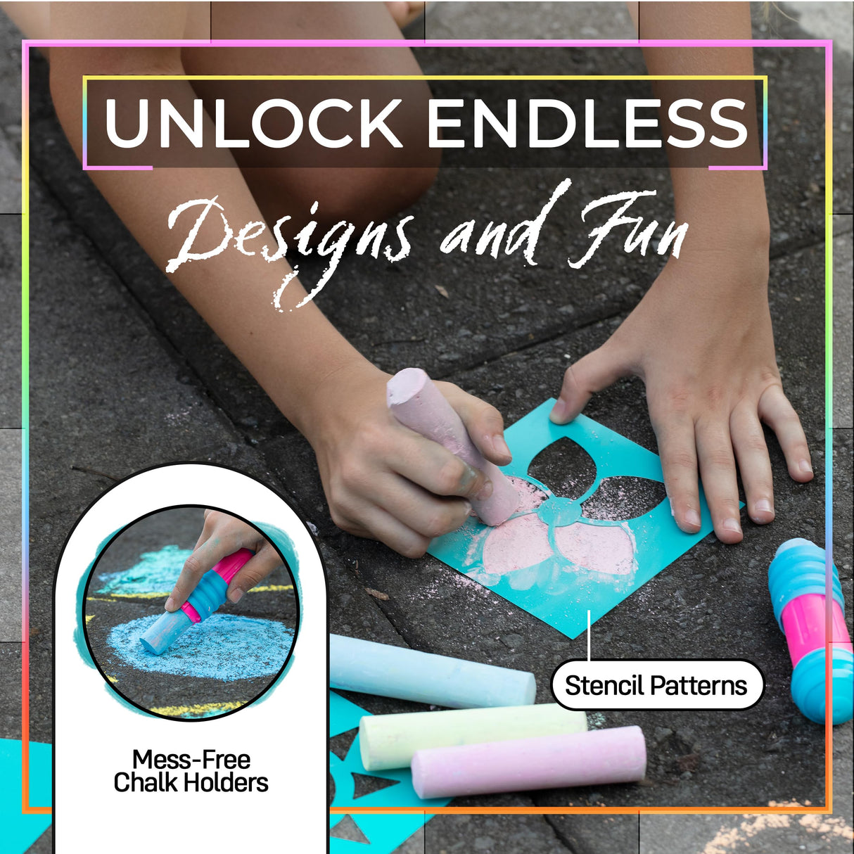 Loddie Doddie 49pc Sidewalk Chalk Bucket – Outdoor Activity Play Set for Kids, 31 Assorted Chalk Sticks, 4 Holders, 10 Ball Refills, 4 Stencils, Outdoor Water Play, Washable, Reusable Bucket Loddie Doddie