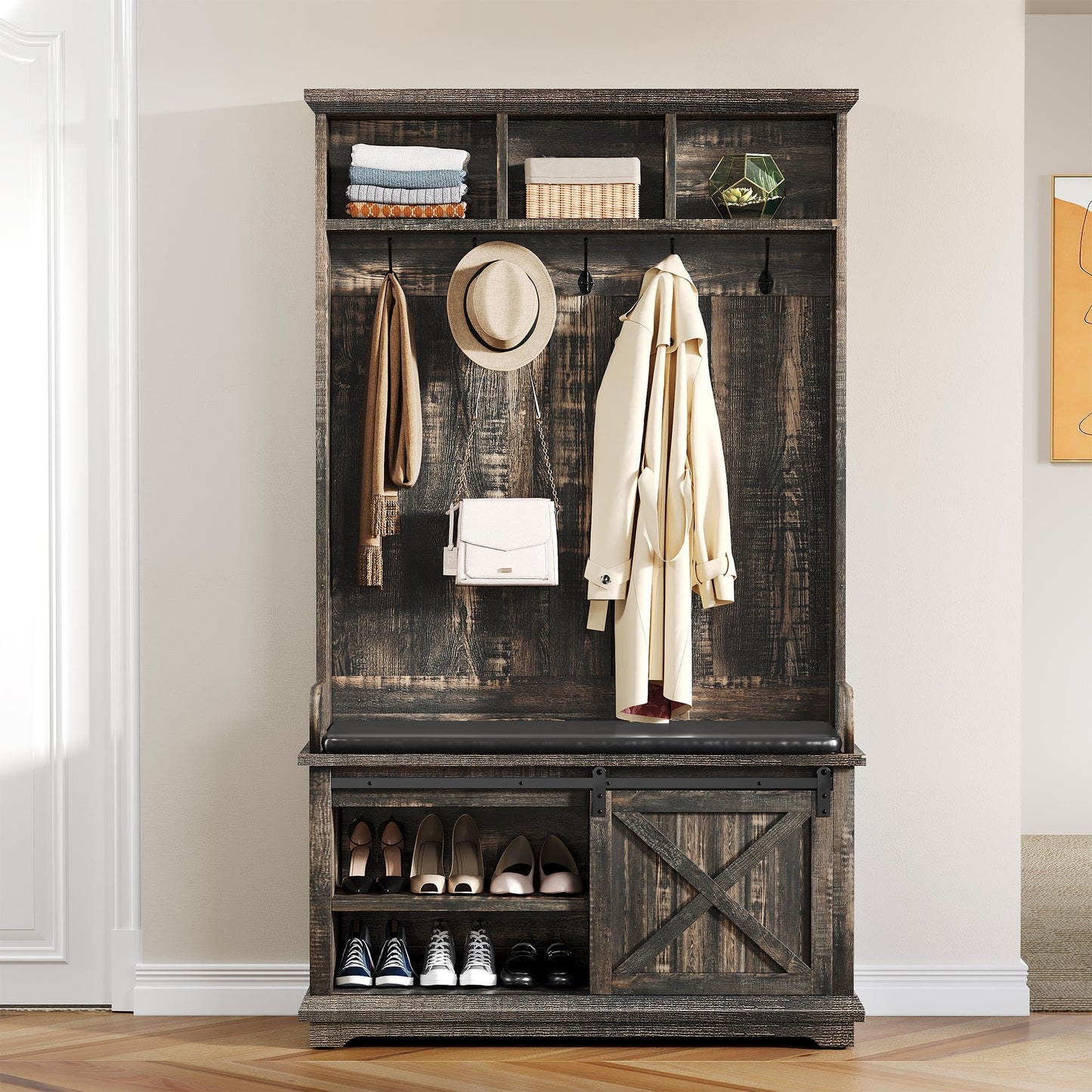 YITAHOME Hall Tree with Shoe Bench and Coat Rack Entryway, Hallway Tree Organizer Storage Bench Cabinet for Hallway, Entryway, Bedroom, Living Room, Dark Rustic Oak