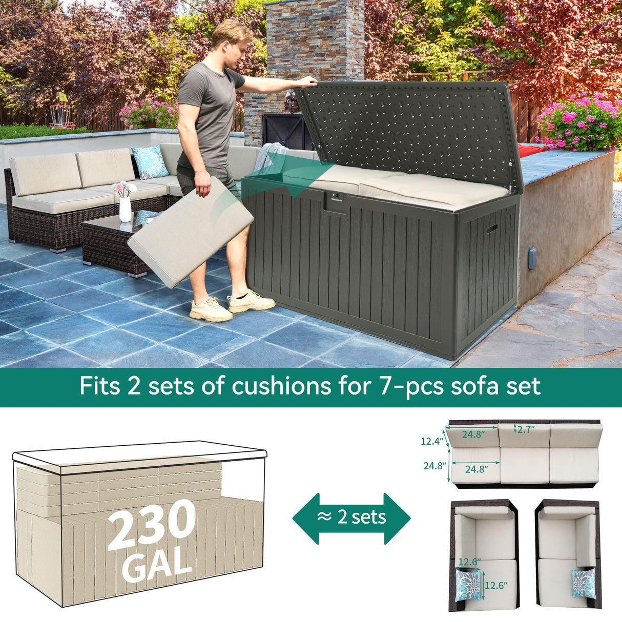 YITAHOME XXL 230 Gallon Large Deck Box,Outdoor Storage for Patio Furniture Cushions,Garden Tools and Pool Toys with Flexible Divider,Waterproof,Lockable (Light Brown) YITAHOME