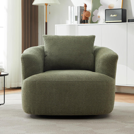 Merax Modern Cozy Chenille 360° Swivel Sofa Chair w/a Throw Pillow, 38.2" Upholstered Leisure Barrel Accent Armchair with Deep Seating for Living Room Bedroom,Office, Hotel, Easy Assemble, Green Merax