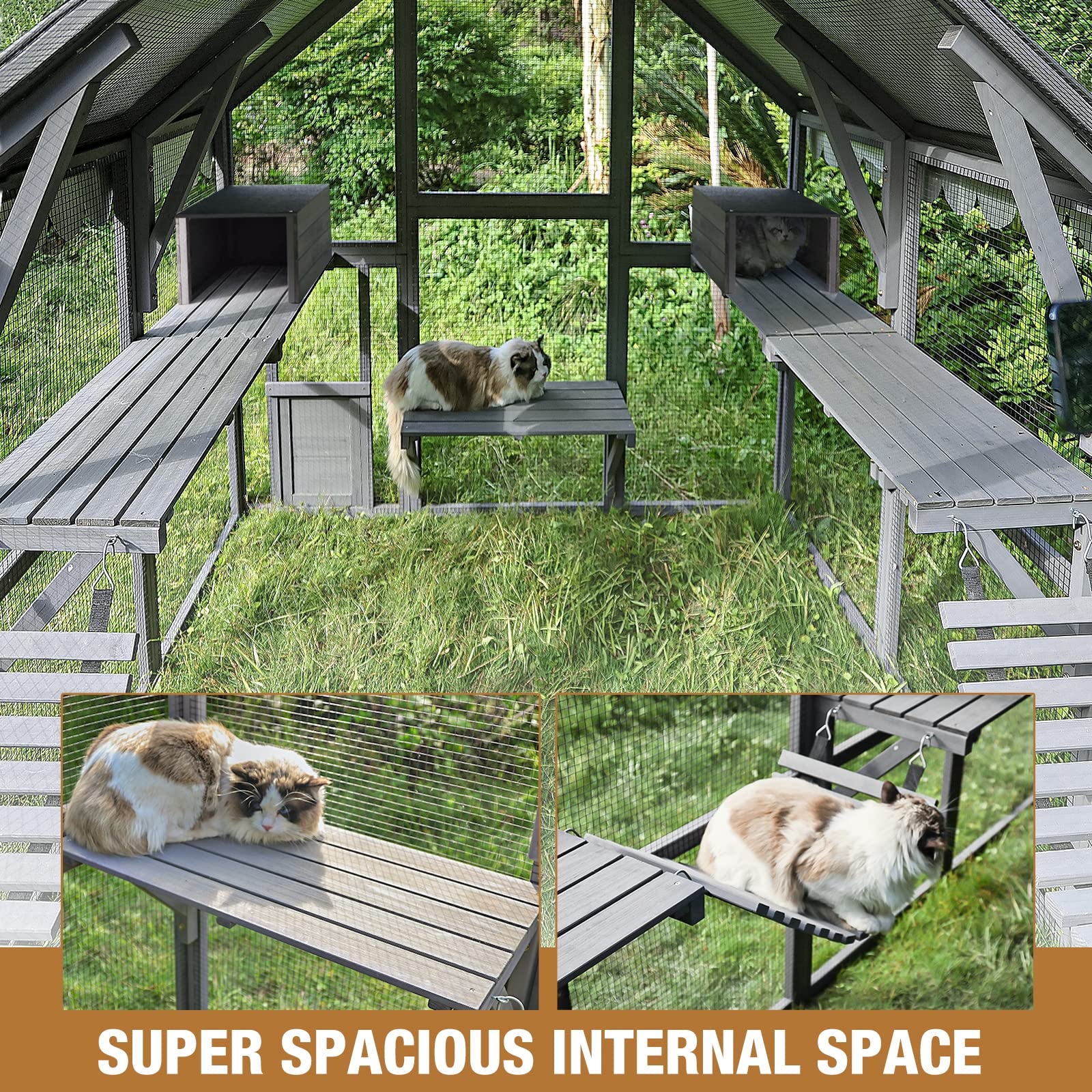 Outdoor Catio Cat House 110" Super Large Cat Enclosures Surper Large for 15-20 Cats,Waterproof Cover - WoodArtSupply