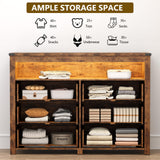 Dresser for Bedroom with 6 Drawers, Wide Chest of Drawers with LED Light and Power Outlet, Wooden Closet Organizer Clothes Storage Cabinet, Modern Double Dressers for Living Room, Hallway, Brown Xixini