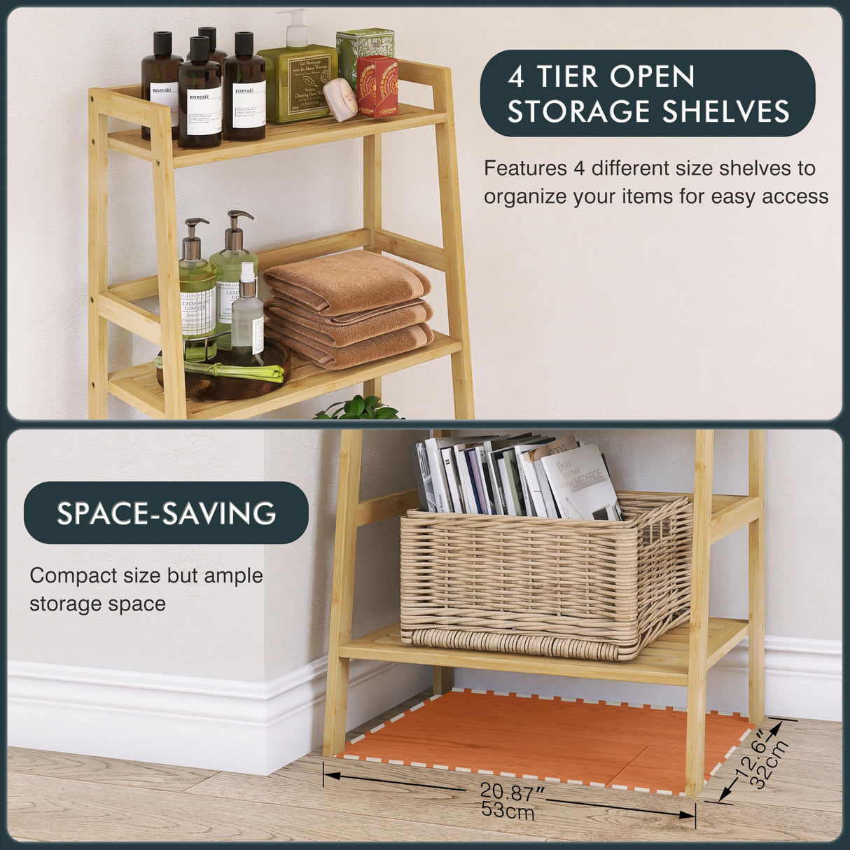 HITNET Bamboo 4-Tier Ladder Shelf - Versatile Storage & Display Rack for Home & Office HITNET