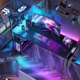 Bestier Gaming Desk with LED Lights, 51.3 Inch Computer Desk with 4 Tiers Reversible Shelves, Home Office Writing Desk with Side Storage Bag, Hooks and Height Adjustable Shelf (Black Grained) Bestier