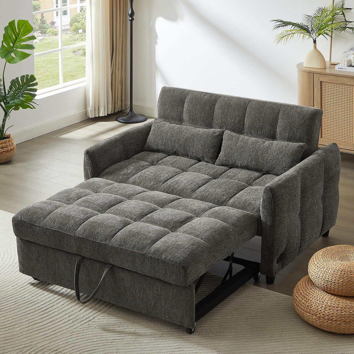 Merax 52.8" Loveseat Pull-Out Sofa Bed Tufted Sleeper Couch with Adjustable Backrest,3 USB Ports and 2 Lumbar Pillows Merax